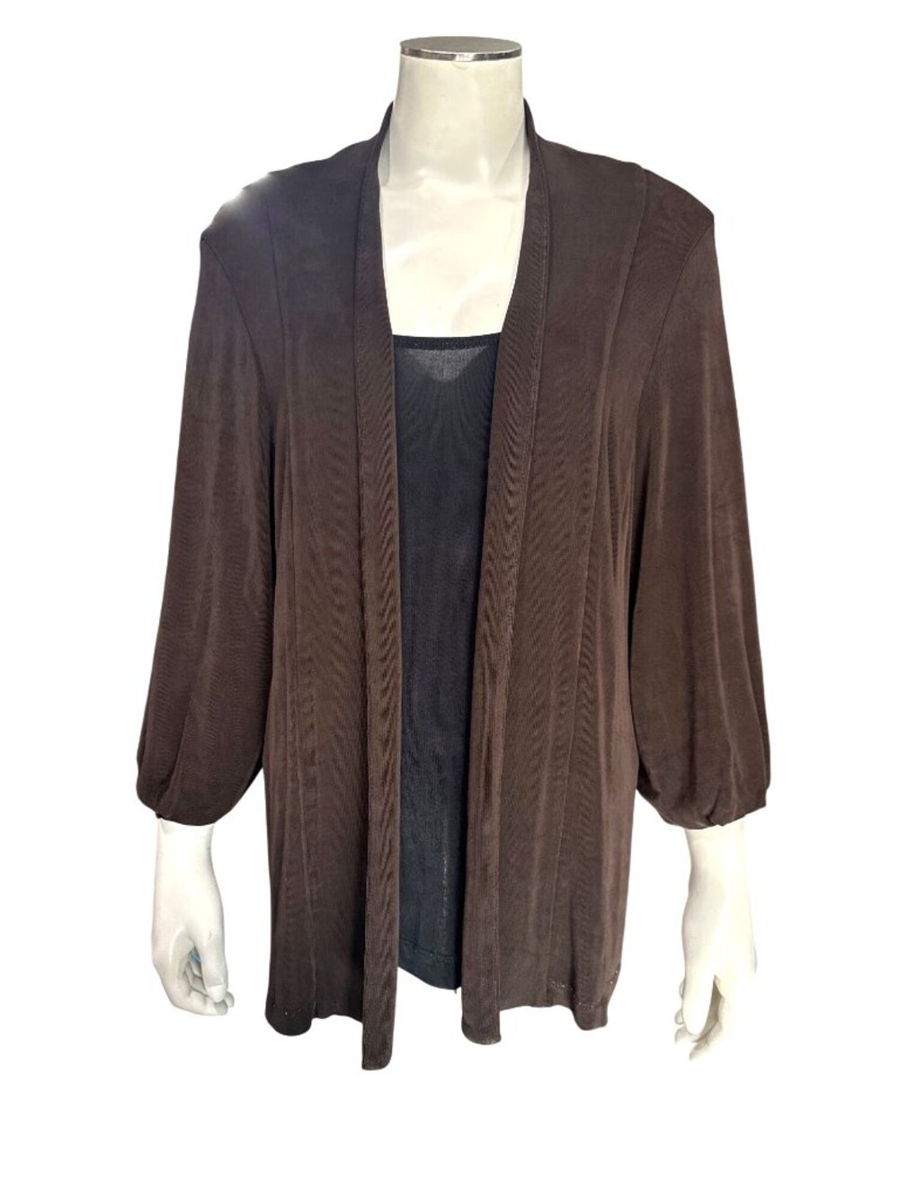 Chicos Travelers Size 2 Brown Cardigan Jacket Open Front Casual Fitted Sleeve